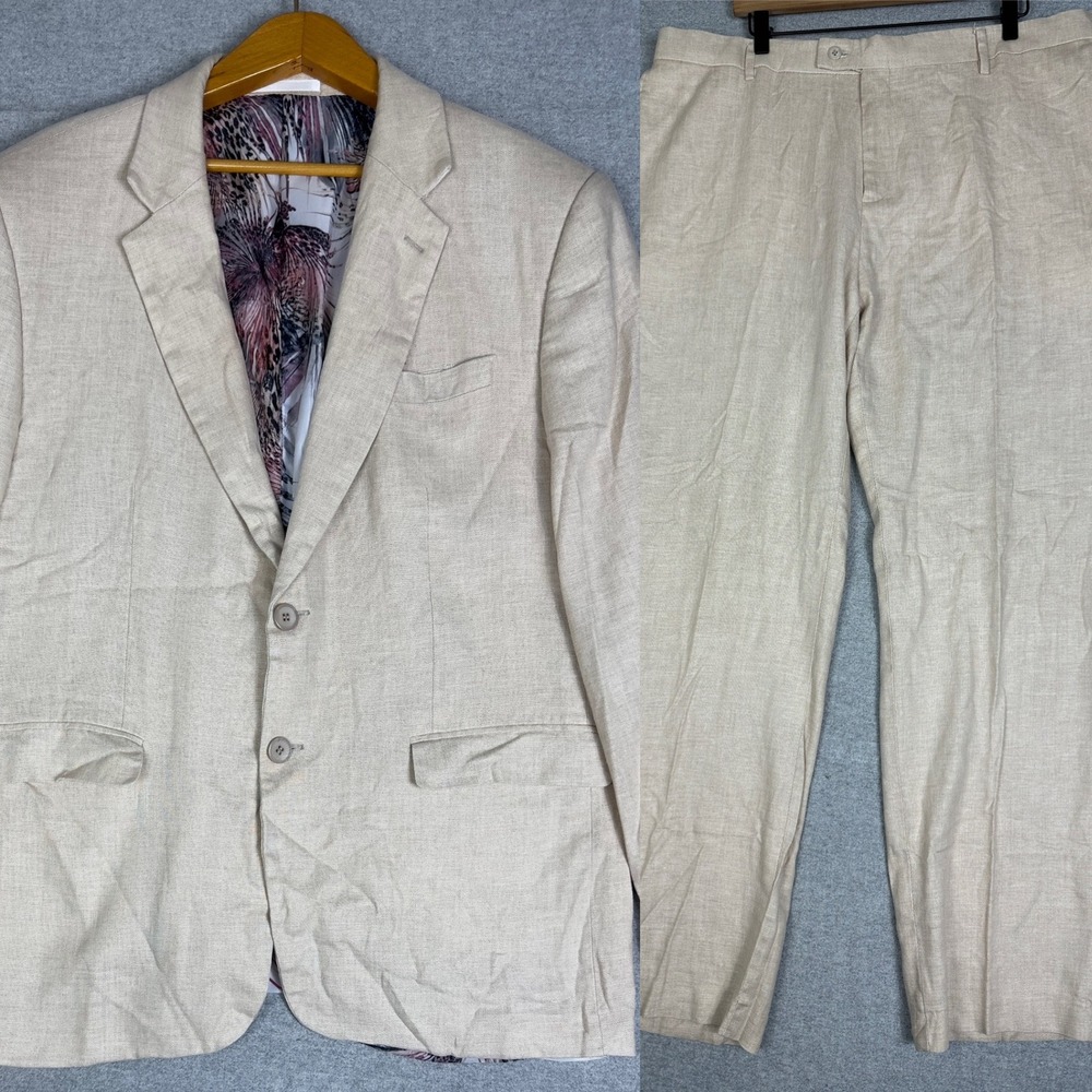 Linen Suit Blazer Pants 3XL 46x29 Cream Beige Straight Leg Summer Casual